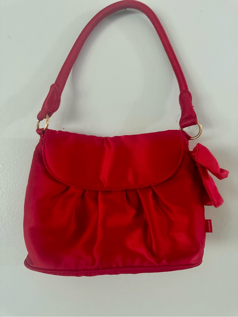 Vintage JACKPOT Red Sheen Bow Bag Y2K Ruched Evening Cocktail Purse